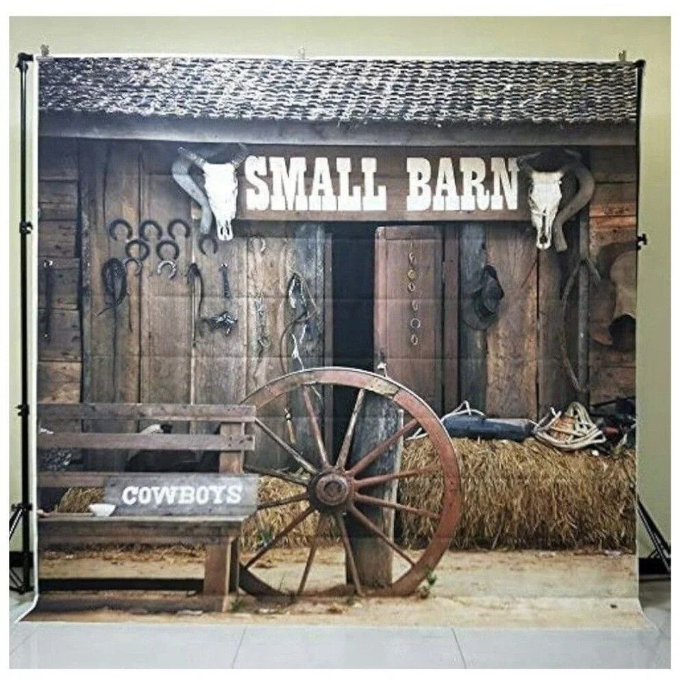 KonPon Seamless Cowboys Small Barn Backdrop 5x10ft Party Photo Studio Props NWT